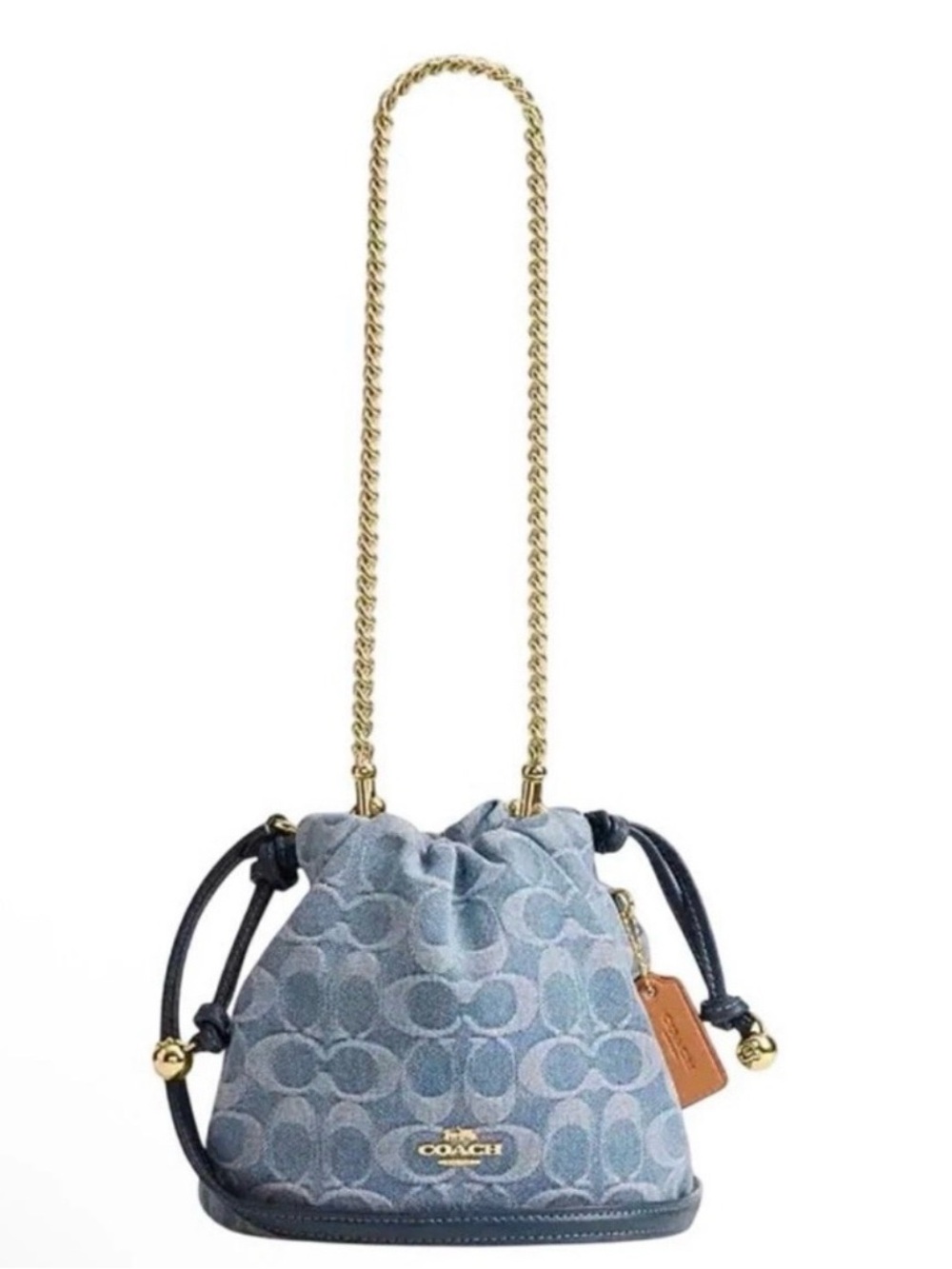 🩵Coach NWT Blue Denim Signature Drawstring Mini Faye Crossbody with Gold Chain